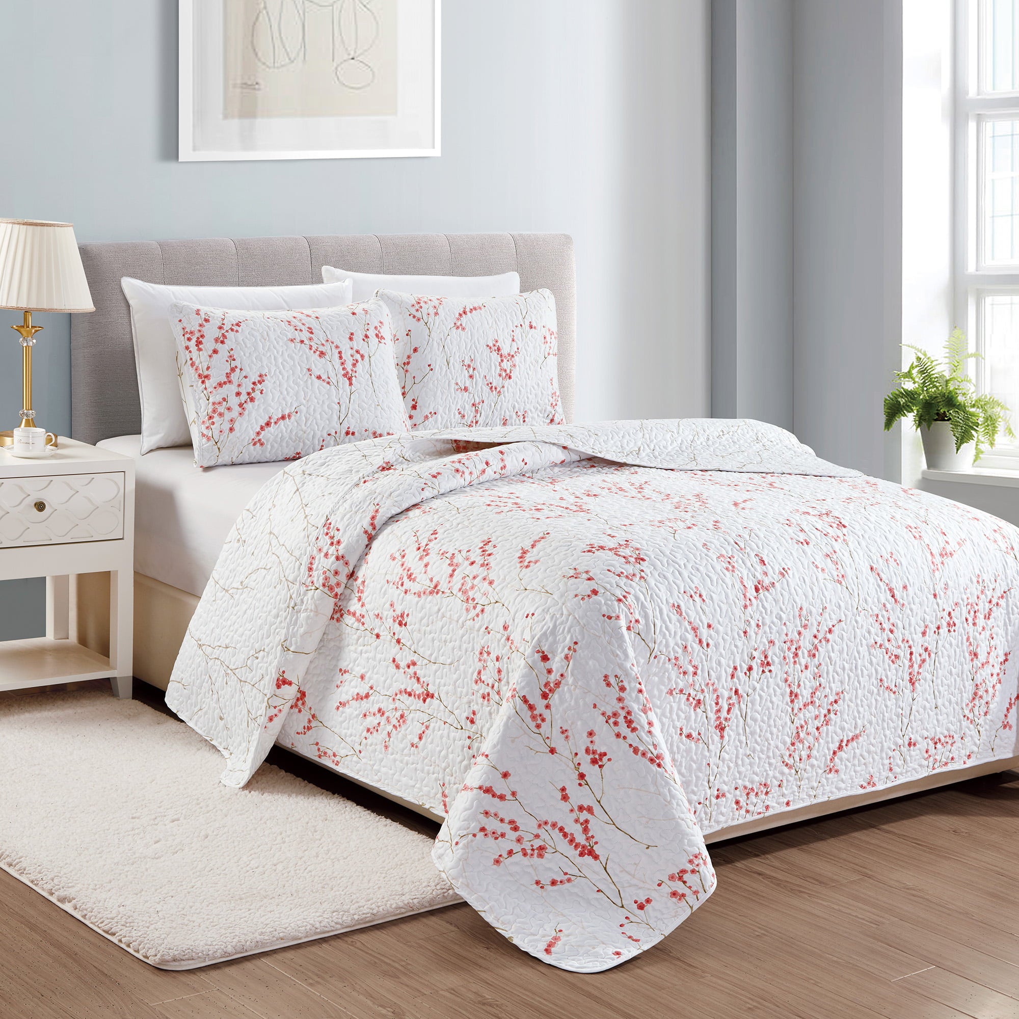 Great Bay Home Cherry Blossom Floral Microfiber Reversible Quilt Set With Shams  (Twin， Cherry Blossoms)