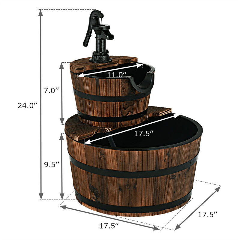 2-Tier Outdoor Barrel Waterfall Fountain with Hand Pump for Garden Backyard