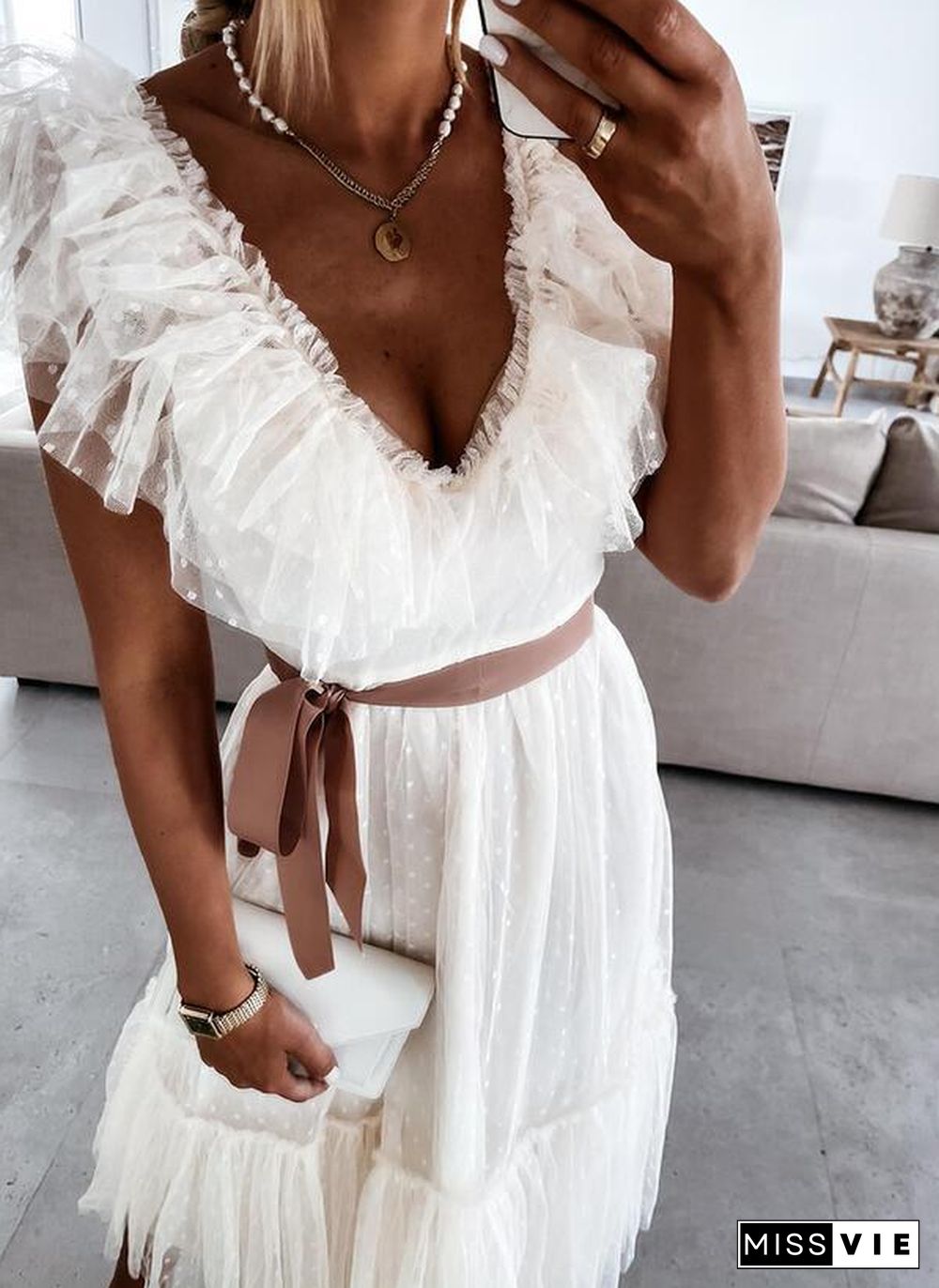 V-Necked Fringe Lace Pure Color Dress