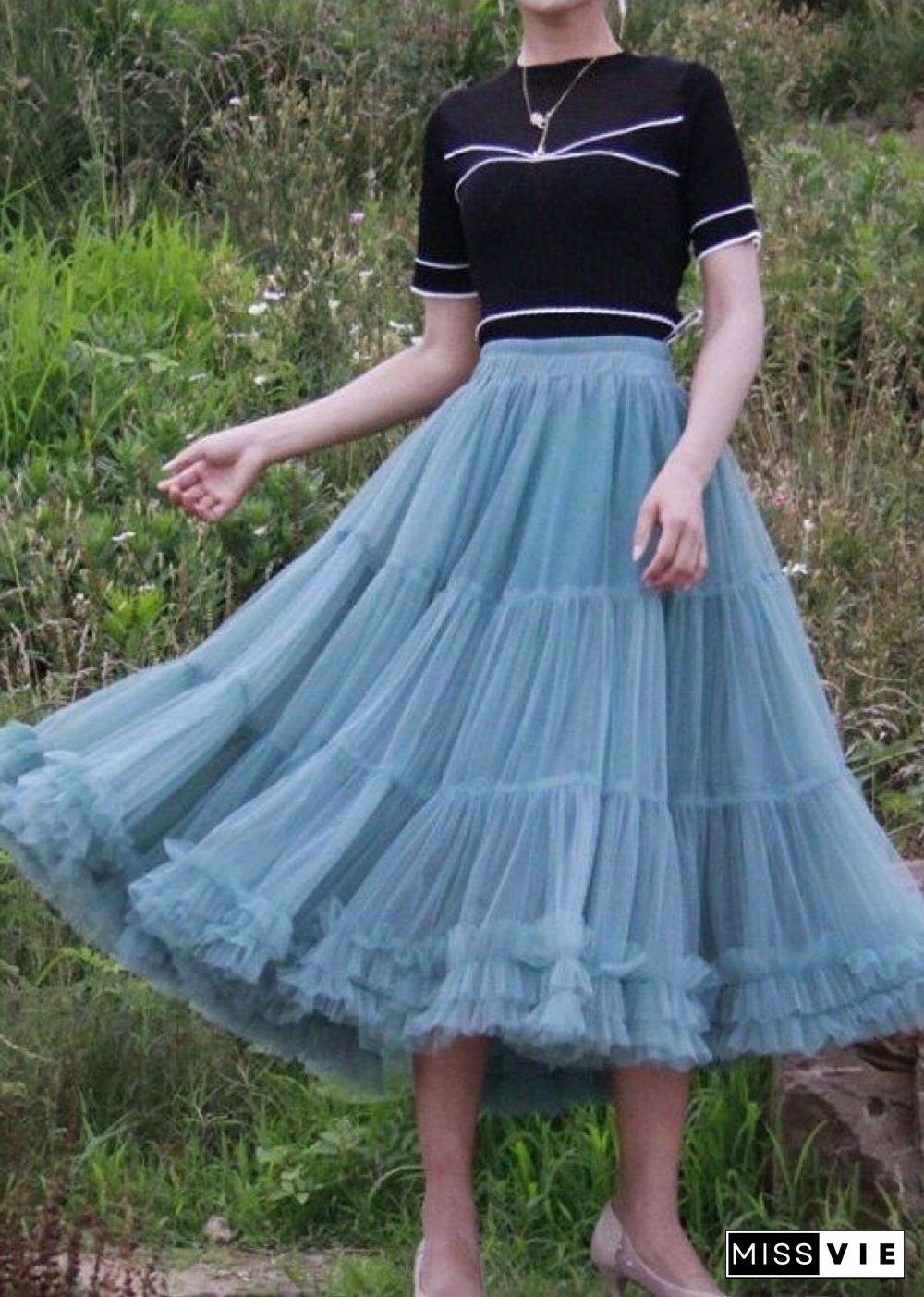 Fashion Blue Patchwork Circle Cute pleated dress Fall Skirt