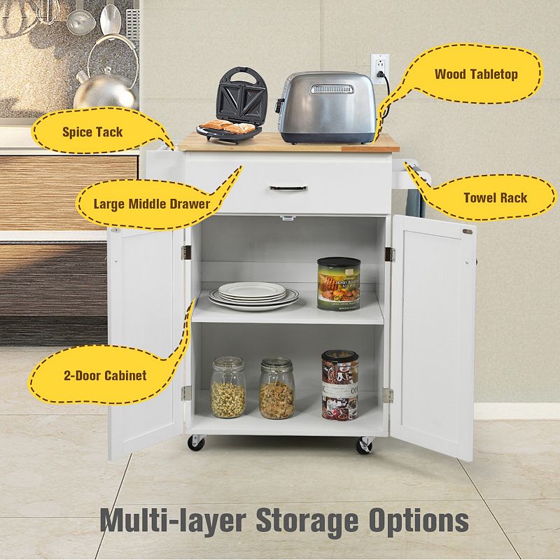 Utility Rolling Storage Cabinet Kitchen Island Cart with Spice Rack