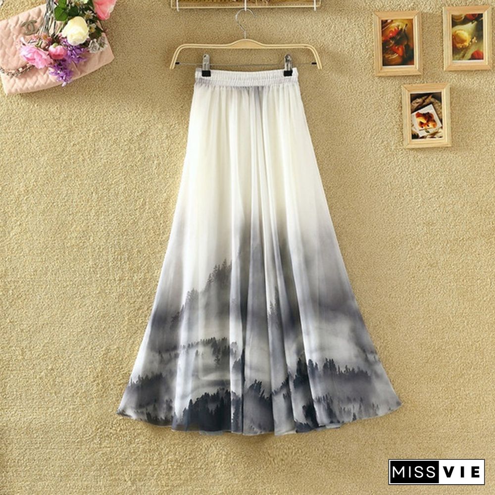 Summer Bohemian Long Skirt Chiffon Elegant Print Casual Skirts