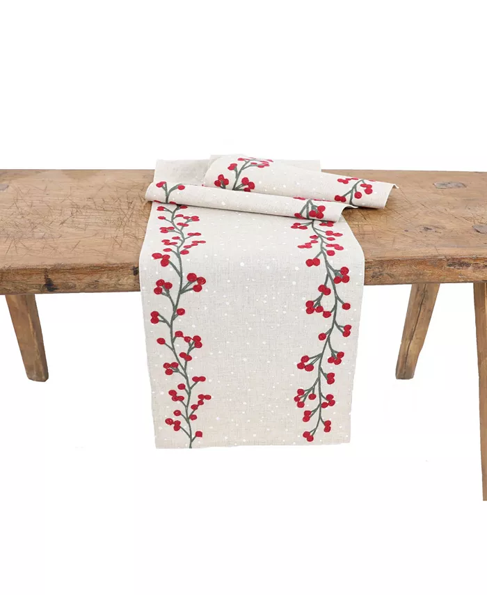 Manor Luxe Holly Berry Branch Crewel Embroidered Christmas Table Runner