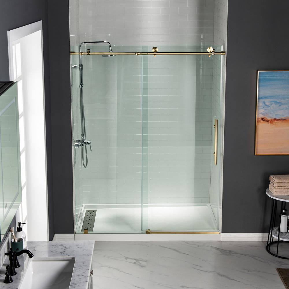 WOODBRIDGE Suffield 44 in. to 48 in. x 76 in. Frameless Sliding Shower Door with Shatter Retention Glass in Brass Gold HSD3604