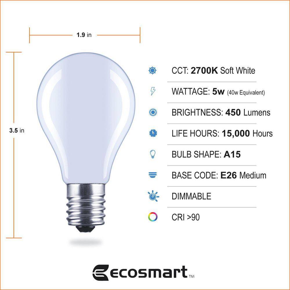 EcoSmart 40-Watt Equivalent A15 Dimmable ENERGY STAR Frosted Glass Deco Filament LED Vintage Edison Light Bulb Soft White(3-Pack) FG-04057