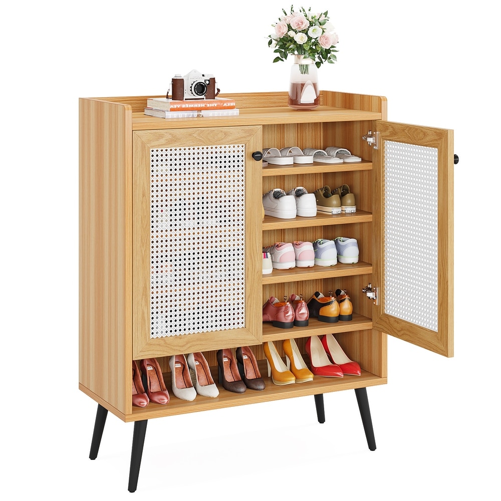 Shoe Cabinet with Doors  Rattan Shoe Storage Cabinet  6 Tier Shoes Organizer Cabinets for Entryway