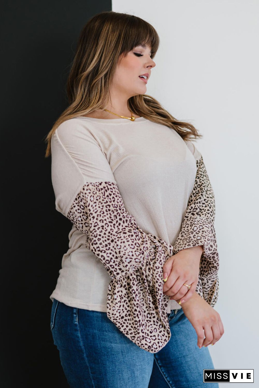 Beige Leopard Bell Sleeve Patchwork Plus Size Top