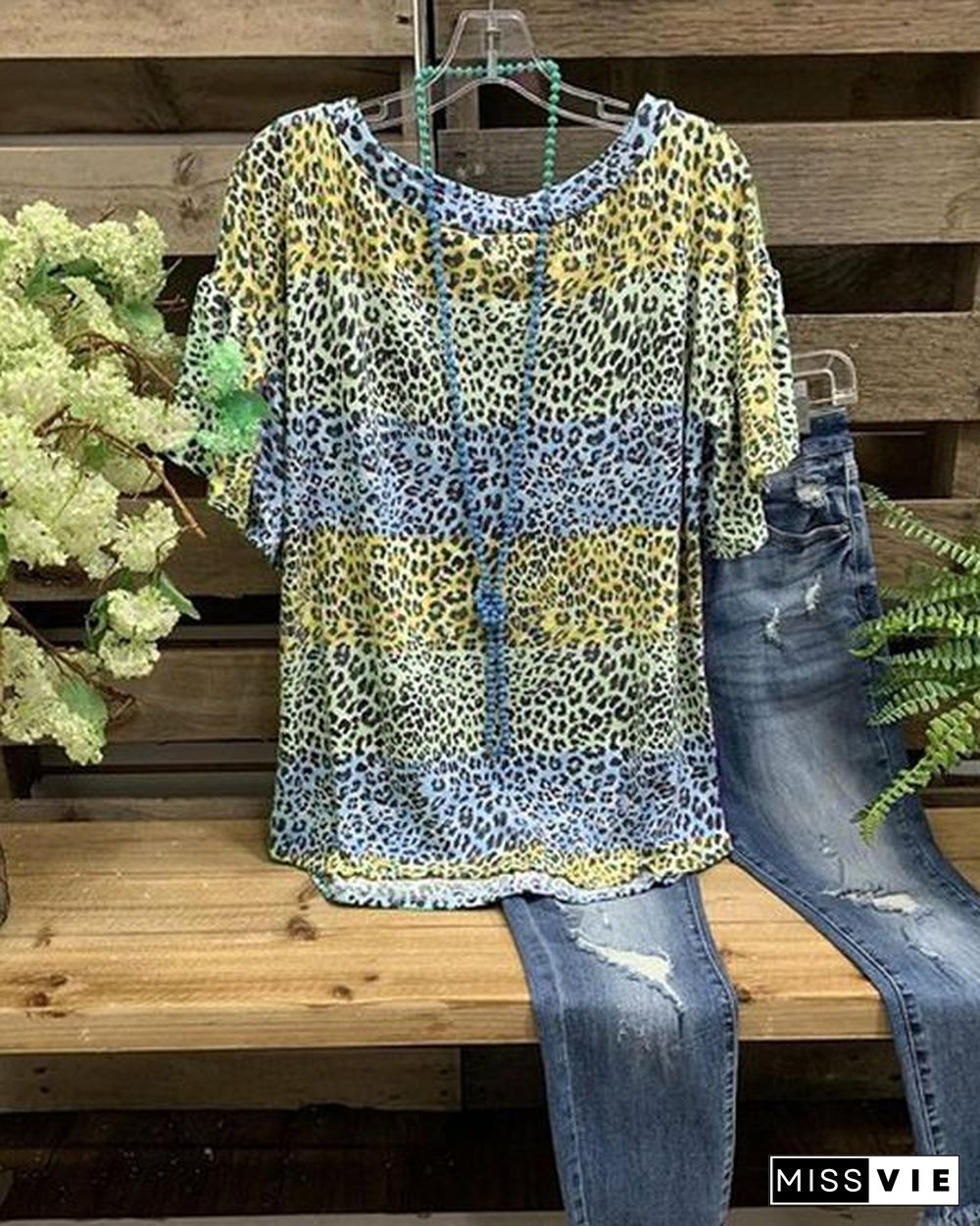 O-Neck Cotton Leopard Printed Casual Shirt & Top