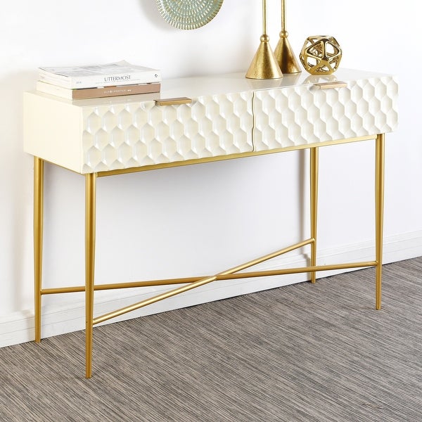 StyleCraft Glossy White Textured 2 Drawer Console Table with Gold Hardware