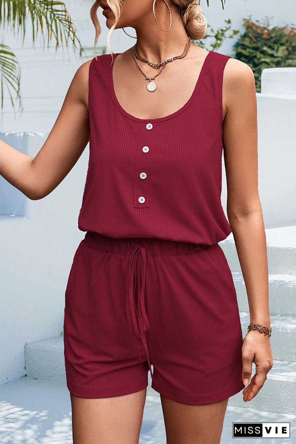 Button Down U Neck Rib Tank Top with Shorts 2pcs Set