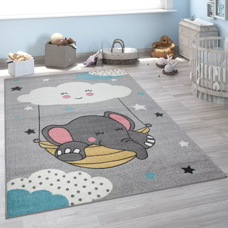 Kid▽s Rug for Nursery with Cute Elephant and Cloud Motif in Grey