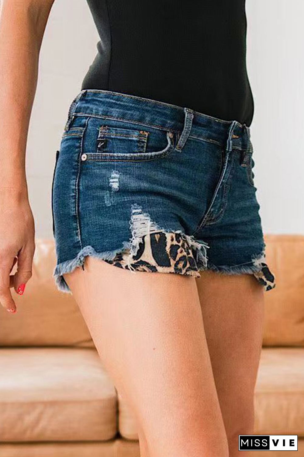 Ripped Leopard Pocket Denim Shorts