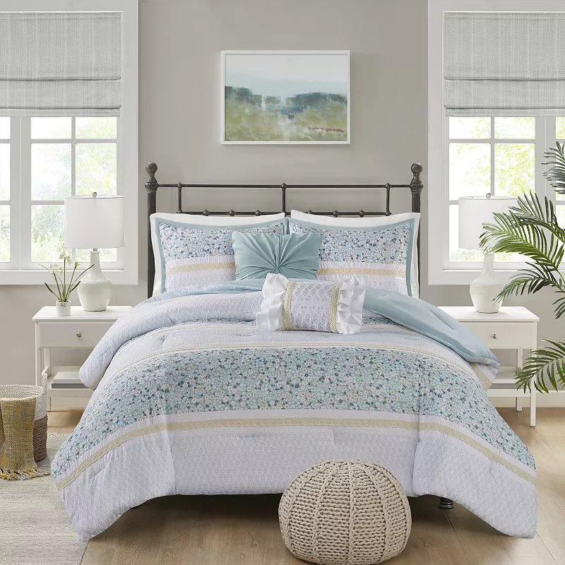 Madison Park Evian 5-Piece Seersucker Comforter Set with Throw Pillows