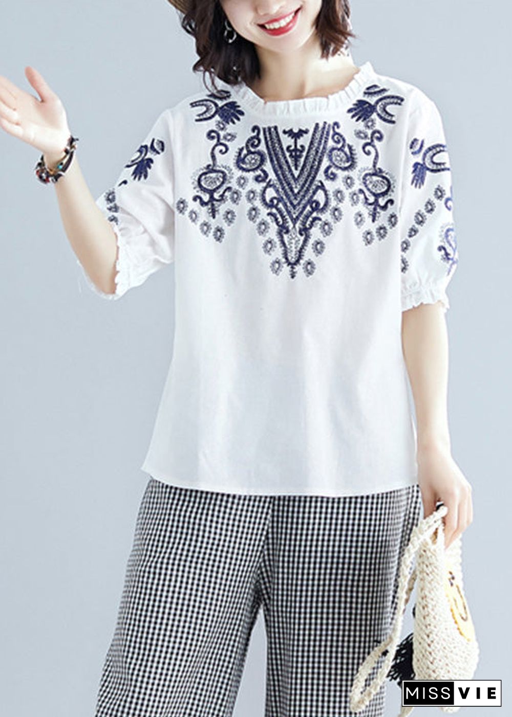 Chic White Embroideried Cotton T Shirt Summer