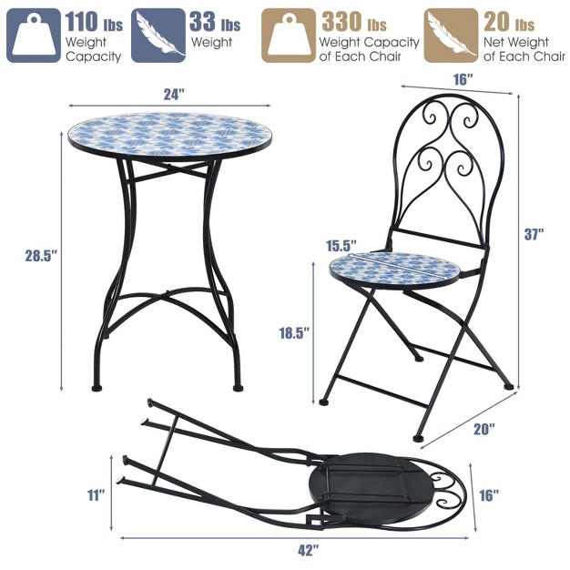 Tangkula 3pcs Patio Mosaic Design Folding Chairs Side Table Set Bistro Set Classic Furniture Chair Set For Garden