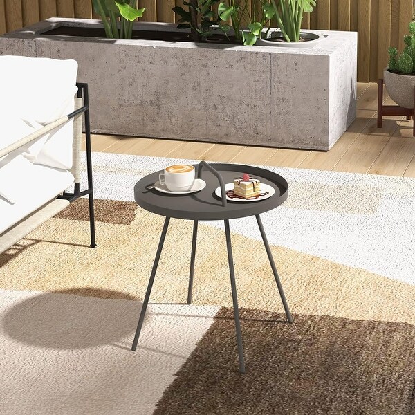 Outdoor Coffee Table with Handle，Weather Resistant Outdoor Portable End Table Millie 17in Steel Round Side Table