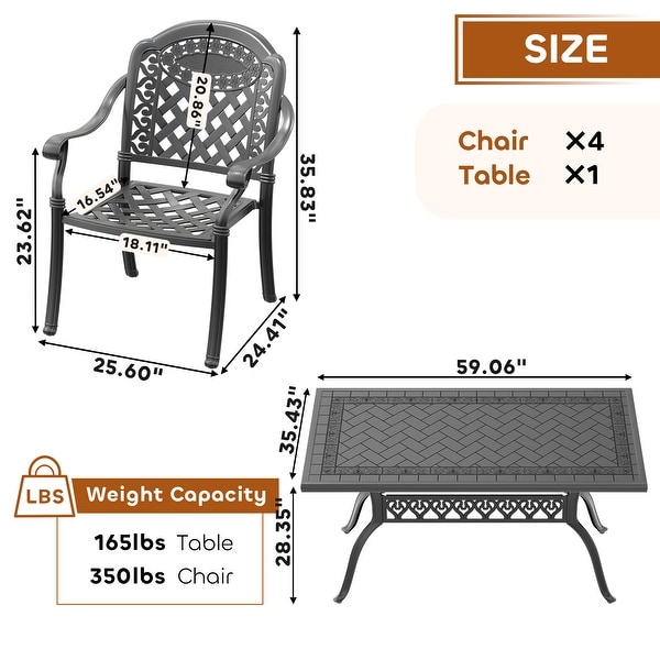 5/7Piece Cast Aluminum Outdoor Dining Set with 59.06'' L X 35.43'' W Rectangular Table and Random Color Seat Cushions