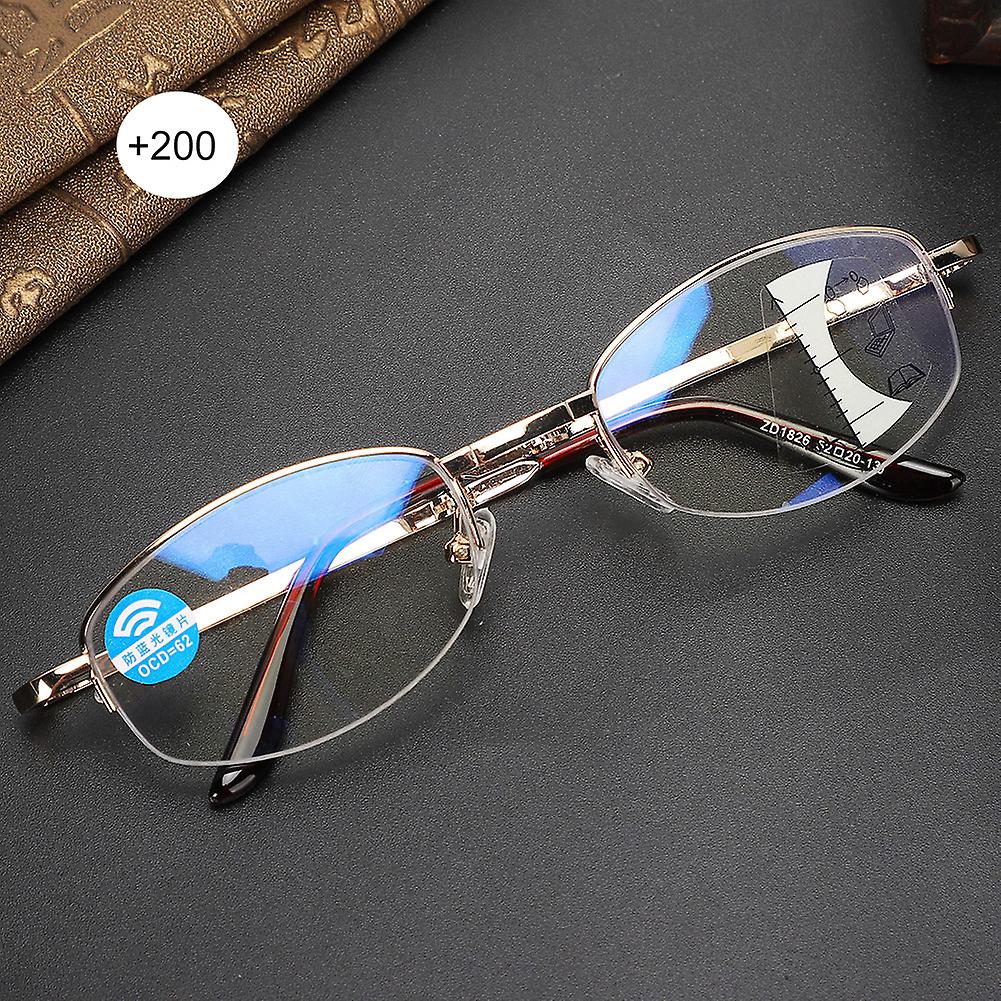 Multifocal Progressive Presbyopic Glasses Blue Light Blocking Reading Glasses For Men Women(+200 Gold Frame)