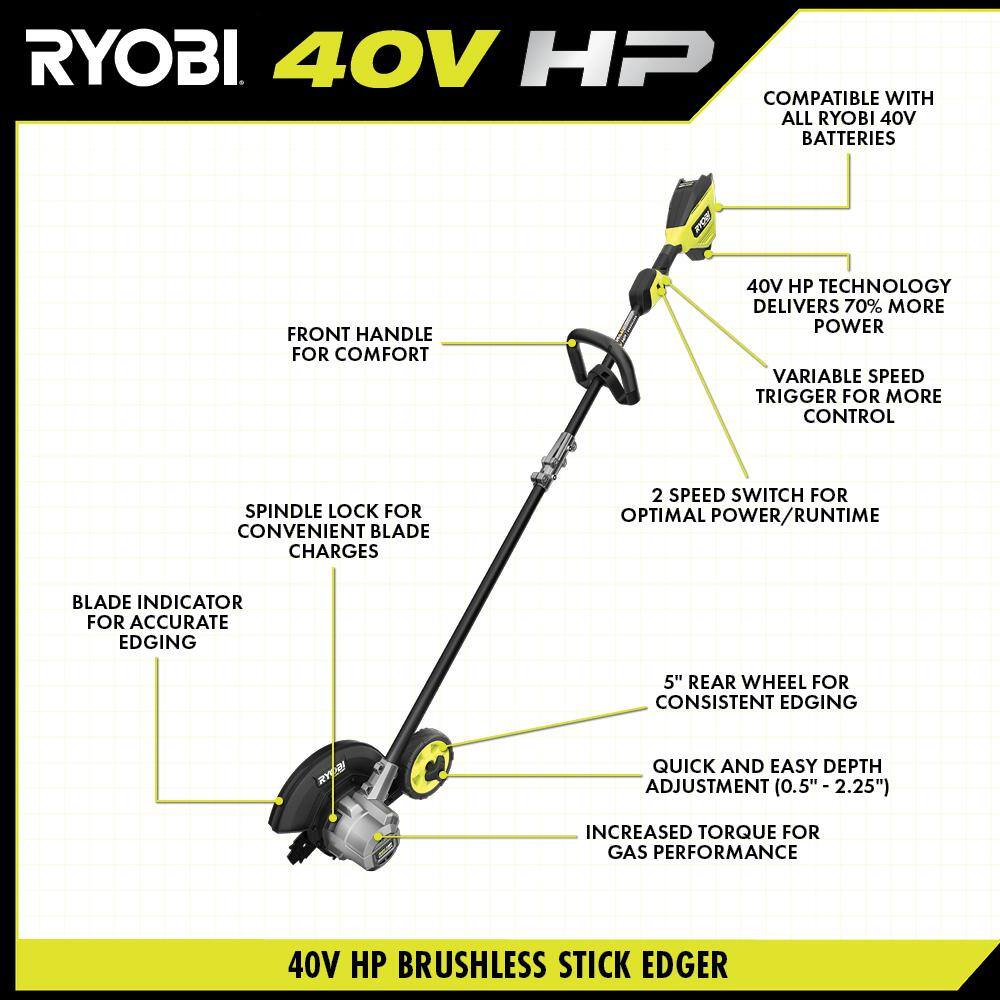 RYOBI 40V HP Brushless Stick Lawn Edger with 4.0 Ah Battery and Charger RY40780