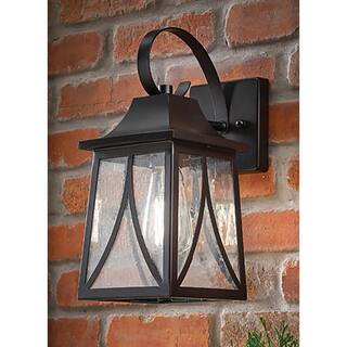 Hampton Bay Drackert 1-Light Flat Black Hardwired Outdoor Wall Lantern Sconce with Seedy Glass 28235