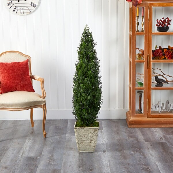 51 Cedar Artificial Tree in Country White Planter (Indoor/Outdoor)