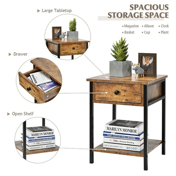 Industrial End Side Table Nightstand with Drawer Shelf - 16'' x 16'' x 22'' (L x W x H)