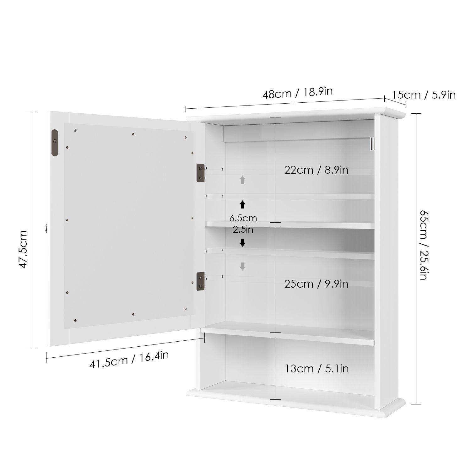 Bathroom Mirror Cabinet;  Wall Mounted Storage Cabinet With Single Door And Adjustable Shelves;  Home Decor Furniture;  White Finish