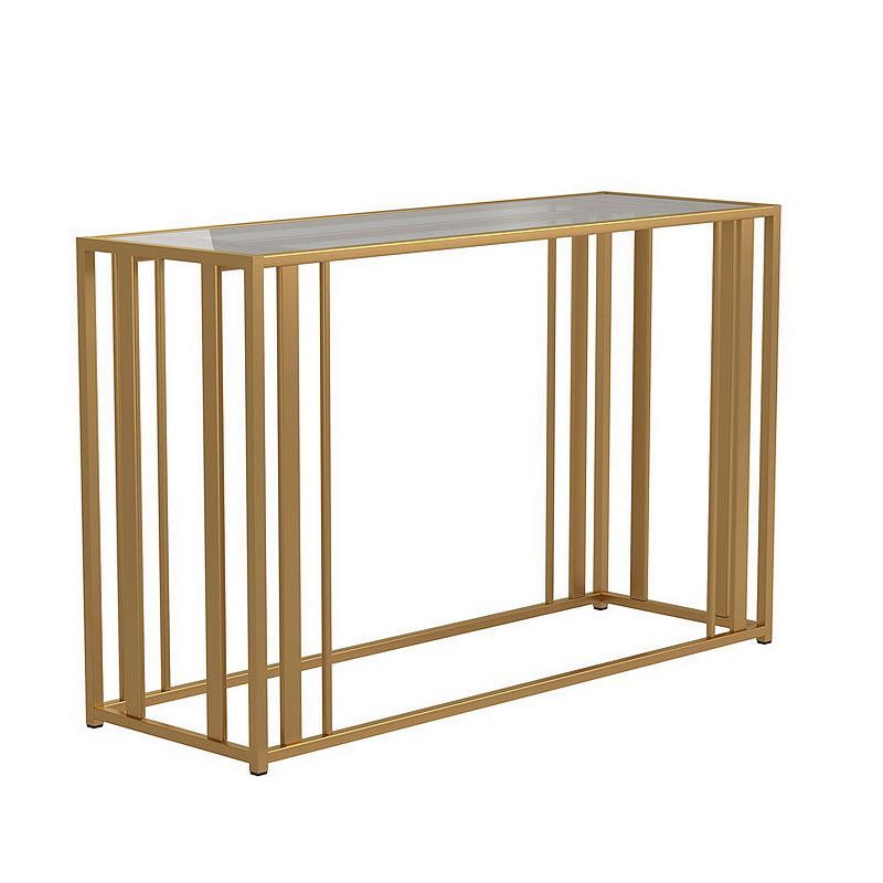 Glass Top Sofa Table with Metal Tubular Base， Brass