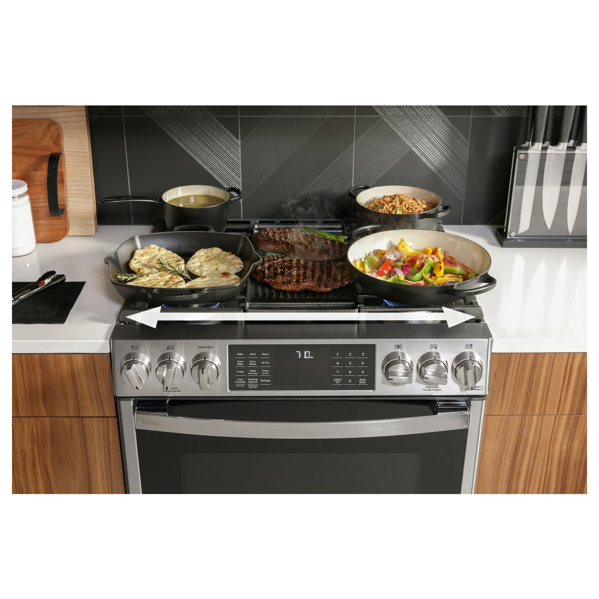 GE Profile 30-inch Slide-In Gas Range with Wi-Fi Connect PCGS930YPFS