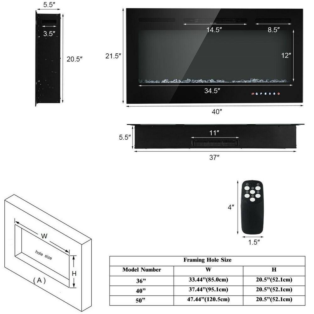 Gymax 40 in. Electric Fireplace Recessed and Wall Mounted 750-Watt1500-Watt with Multicolor Flame GYM03651