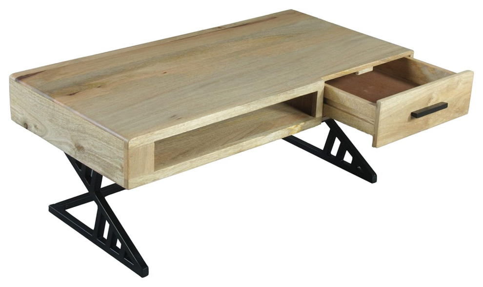 Industrial Coffee Table  Black Metal Base With Hardwood Top  ampOpen Shelf  Gray   Industrial   Coffee Tables   by Decor Love  Houzz