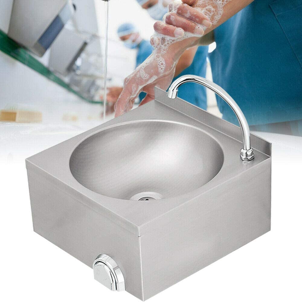 TFCFL Hand Wash Basin Stainless Steel Sink Wall Mount Knee-Operated Washing Basin with Faucet for Commercial and Home