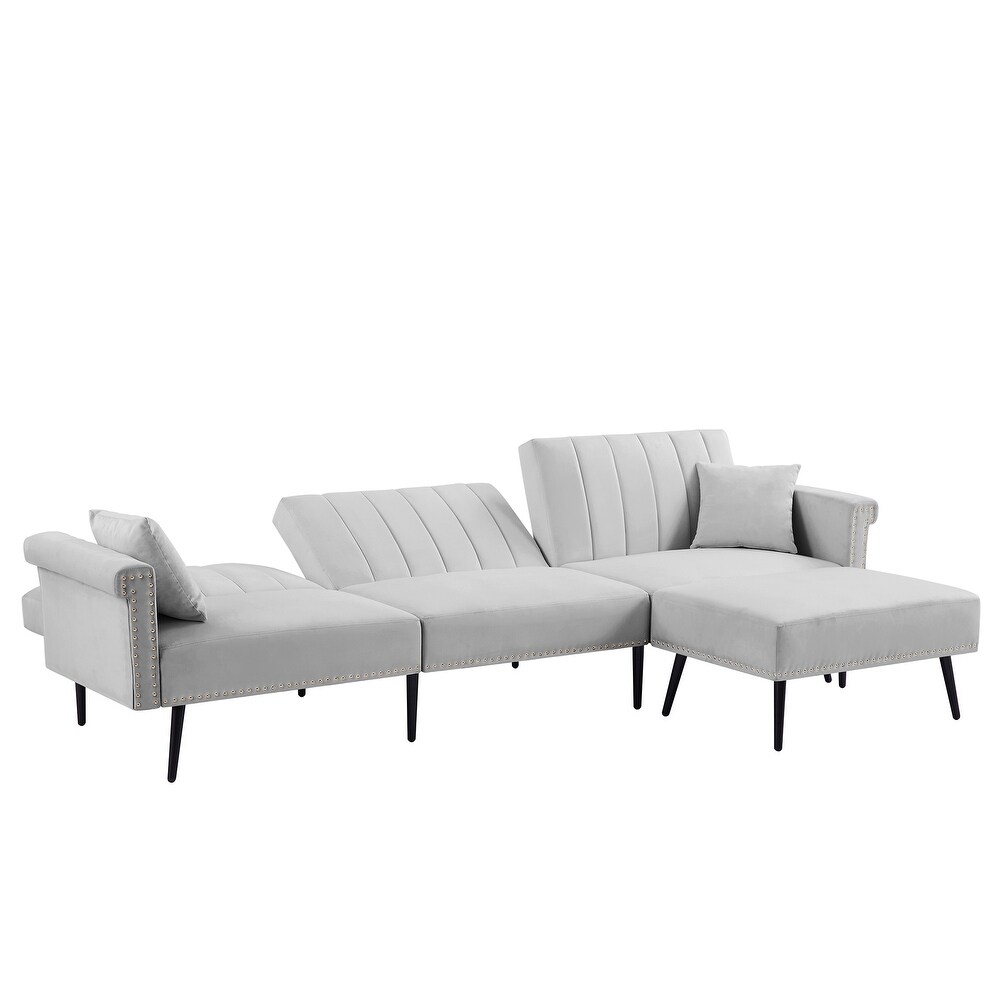 Velvet Upholstered L Shaped Sectional Sofa Convertible Sofa Bed with Nailhead Trim and Ottoman  Adjustable Backrest Positions