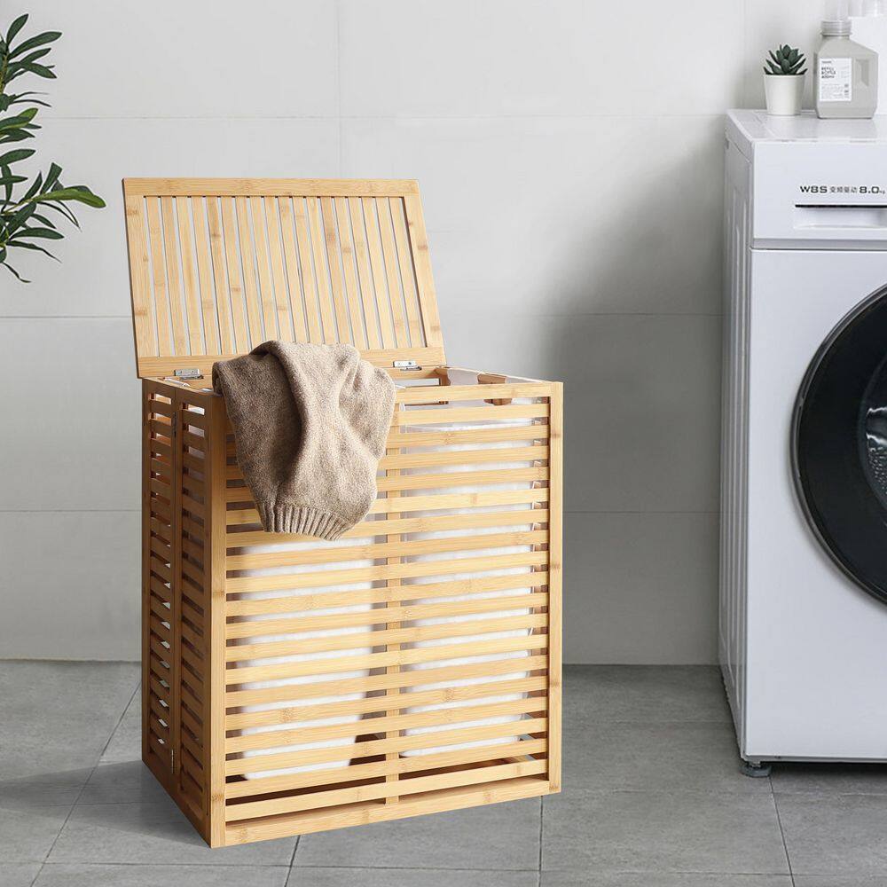 VEIKOUS Bamboo Laundry Hamper with Lid and 2 Removable Liner Bags HP1101-01