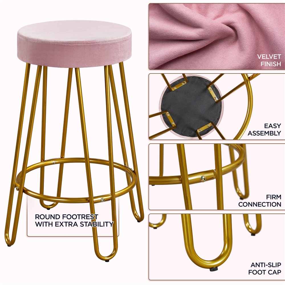 SmileMart 26.5 Upholstered Velvet Bar Stools for Kitchen， 2pcs， Pink with Gold