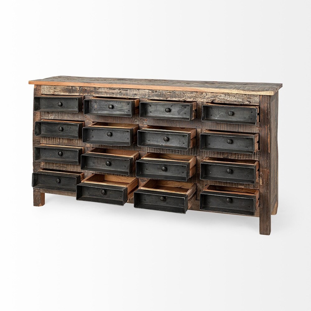 Wilton I Medium Brown Reclaimed Wood   Metal 16 Drawer Sideboard   63.0L x 16.0W x 32.0H