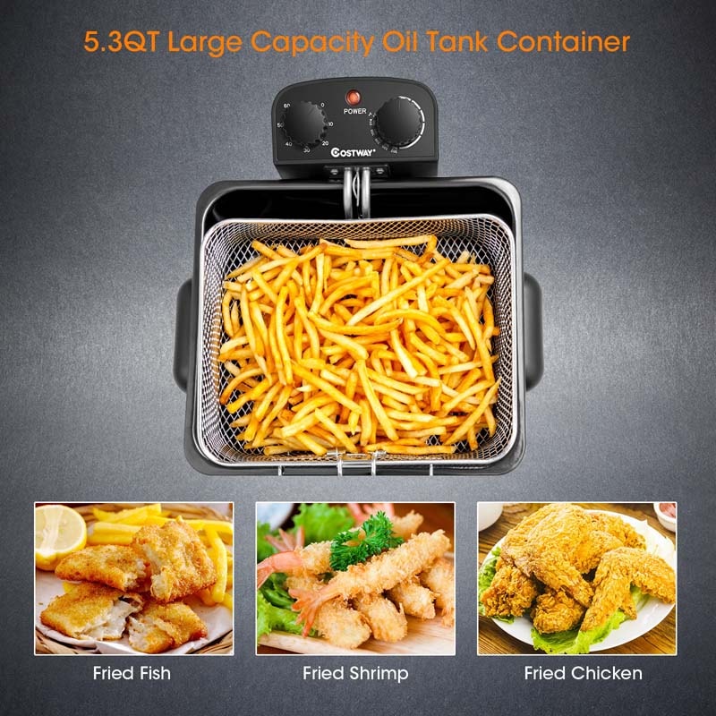 5.3 QT Electric Deep Fryer, 1700W Oil Fryer with Timer, Triple Stainless Steel Frying Basket, Viewing Window Lid