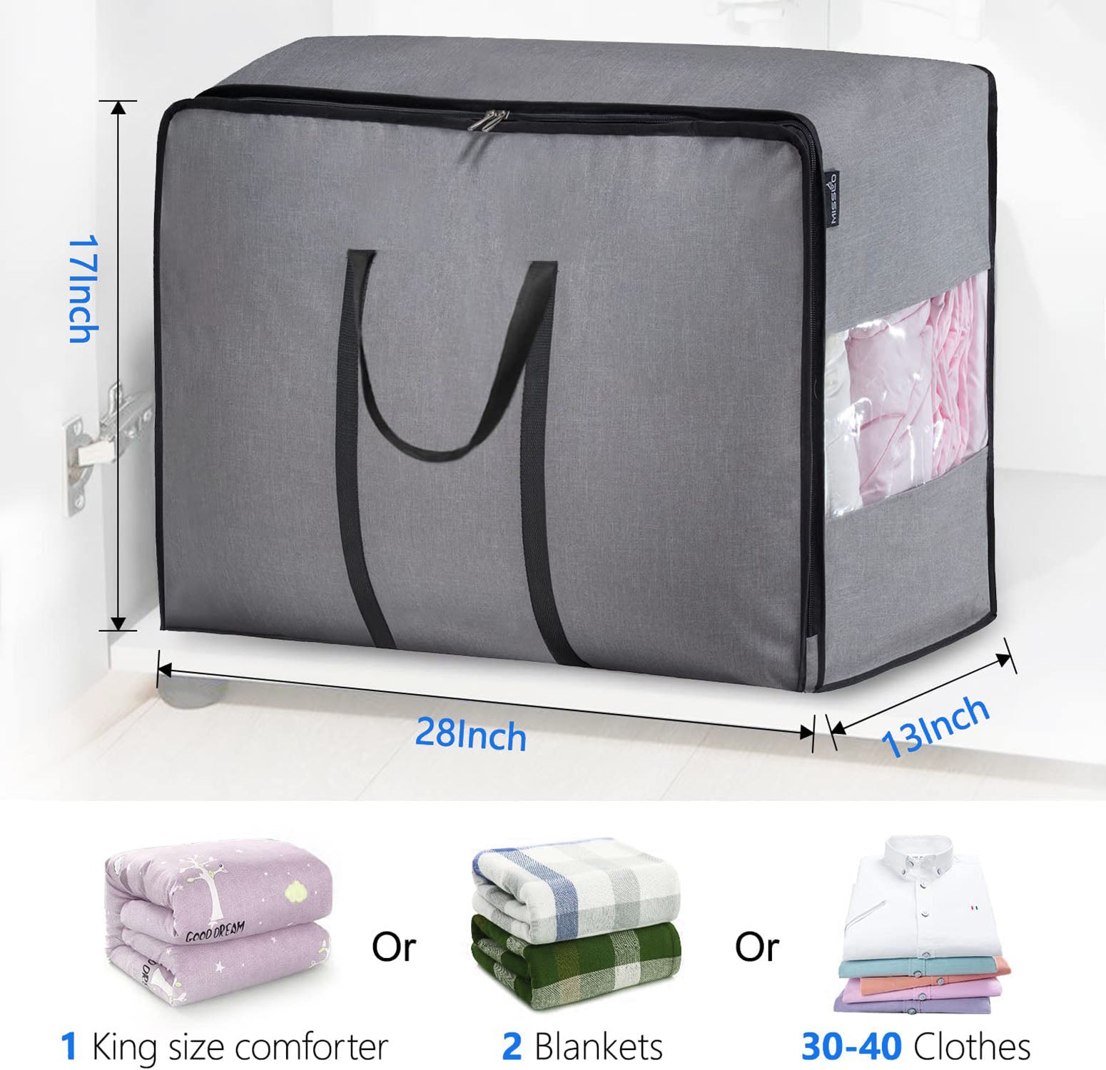 MISSLO Water Resistant Large Storage Bag Organizer for Moving Clothes, Comforters, Blankets, Clothing Containers in Closet, Bedroom, Dorm Room, Gray