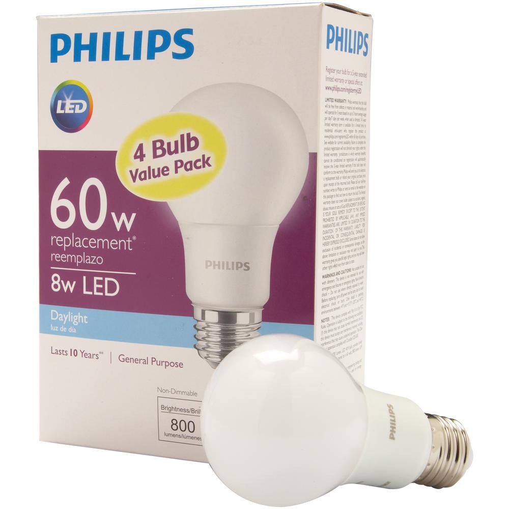 Philips 60-Watt Equivalent A19 Non-Dimmable Energy Saving LED Light Bulb Daylight (5000K) (4-Pack) 461137