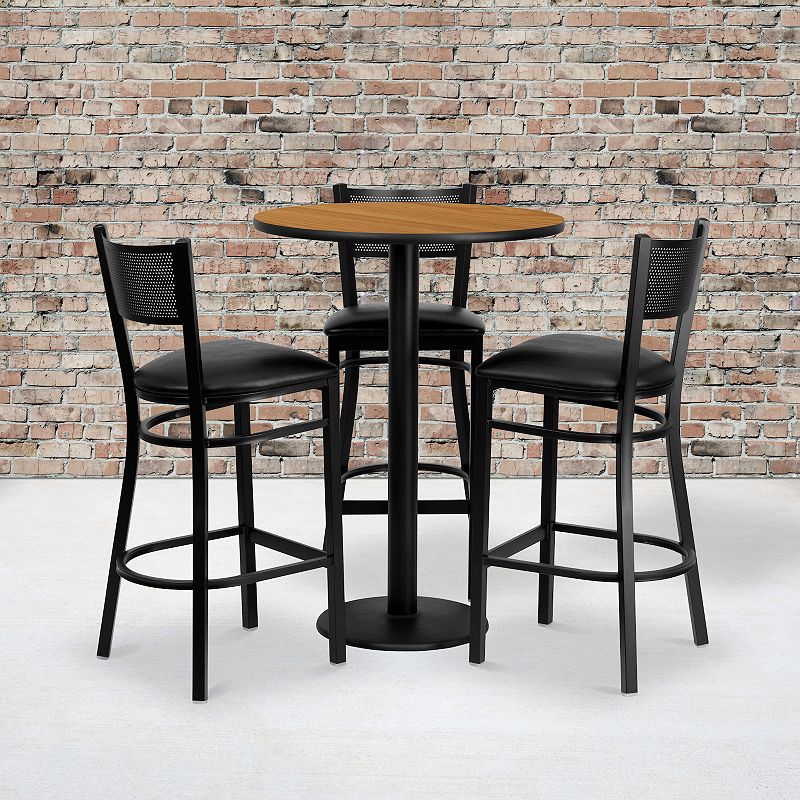 Emma and Oliver 30RD Natural Table Set-3 Grid Back Stools，Black Seat