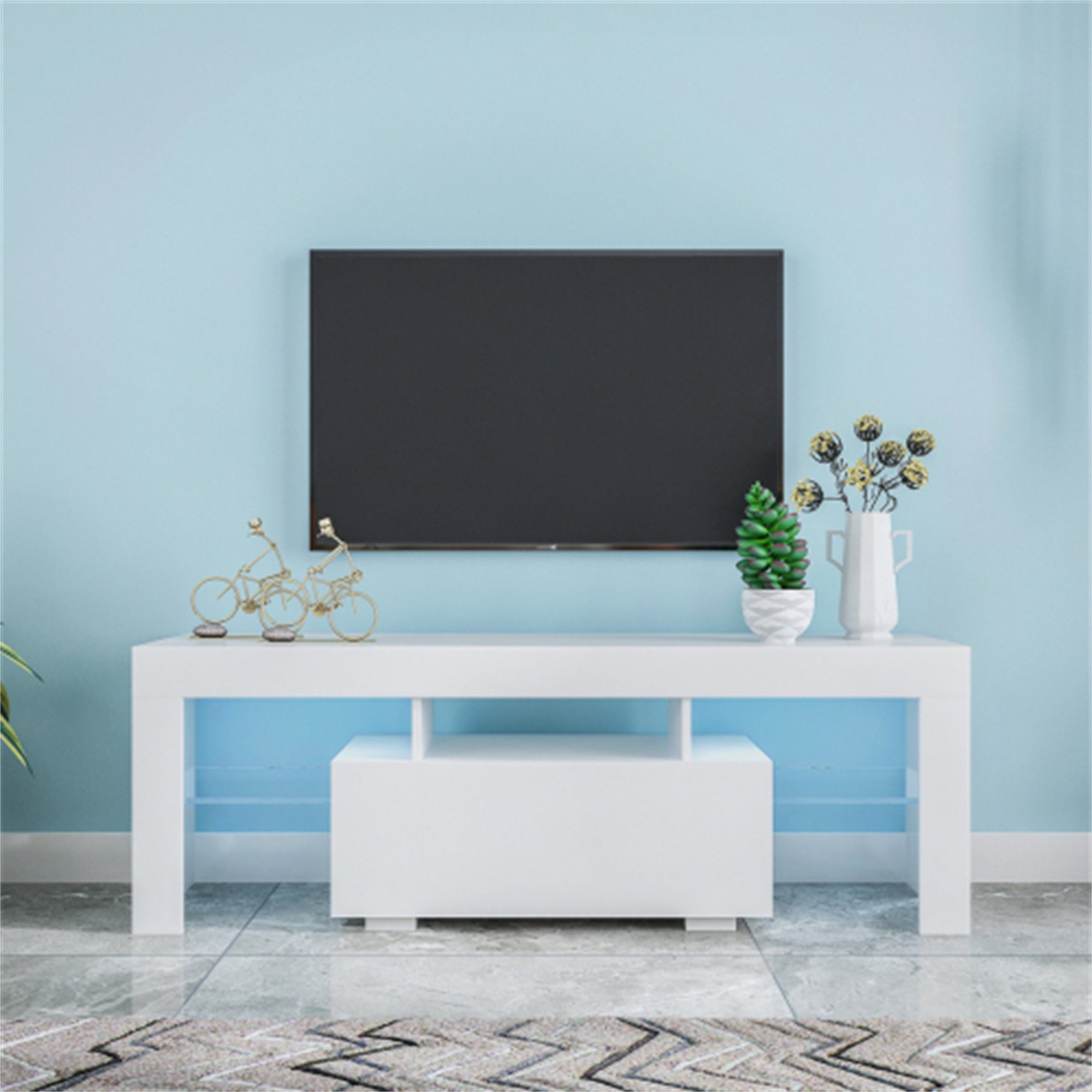 Entertainment TV Stand， TV Cabinet with LED Light， White