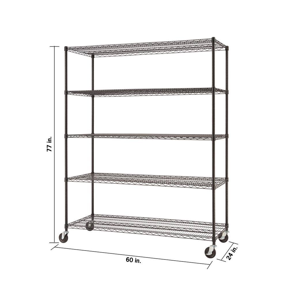 TRINITY EcoStorage Black 5-Tier Rolling Steel Wire Shelving Unit (60 in. W x 77 in. H x 24 in. D) TBFPB-0931