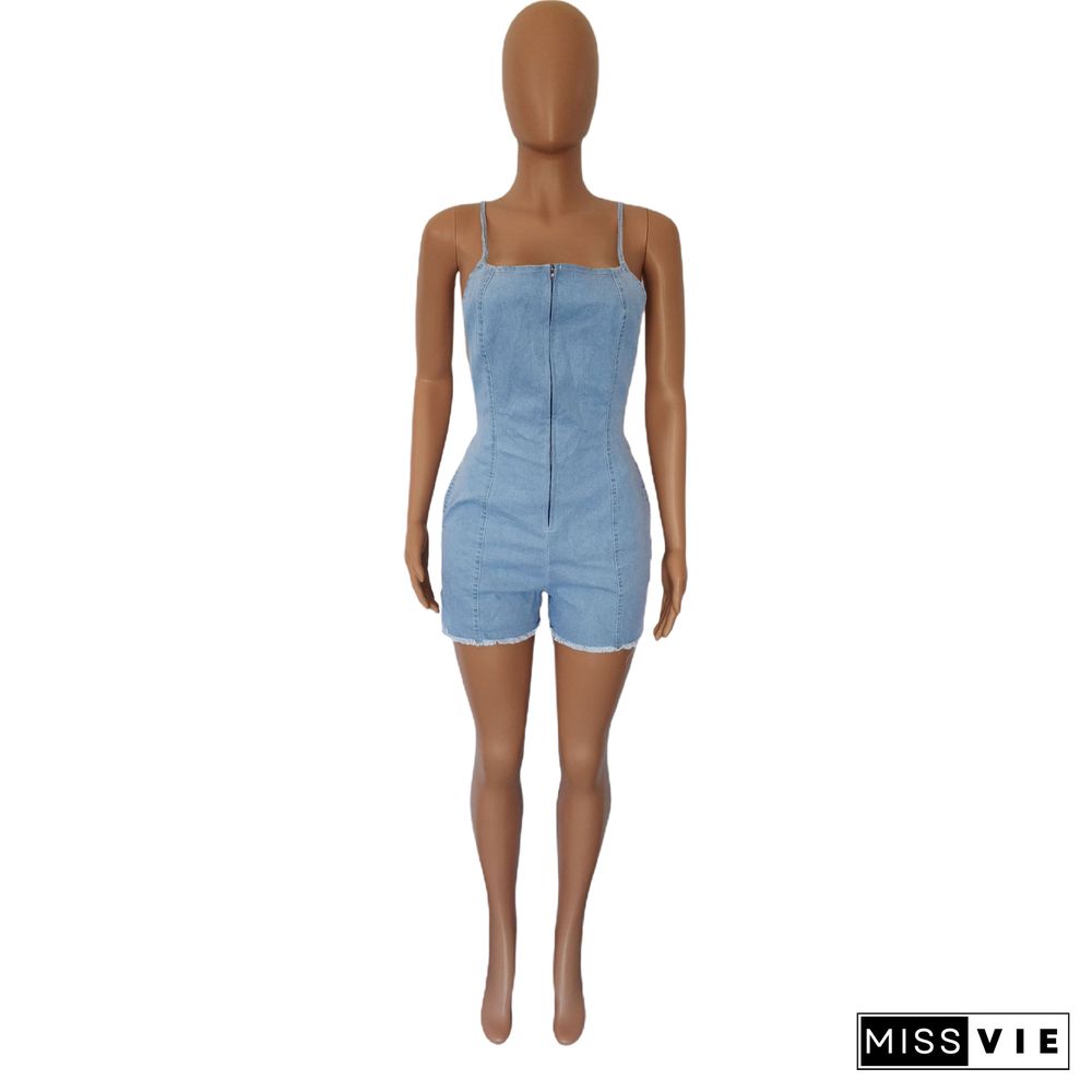 Spaghetti Strap Lady Backless Zipper Denim Rompers