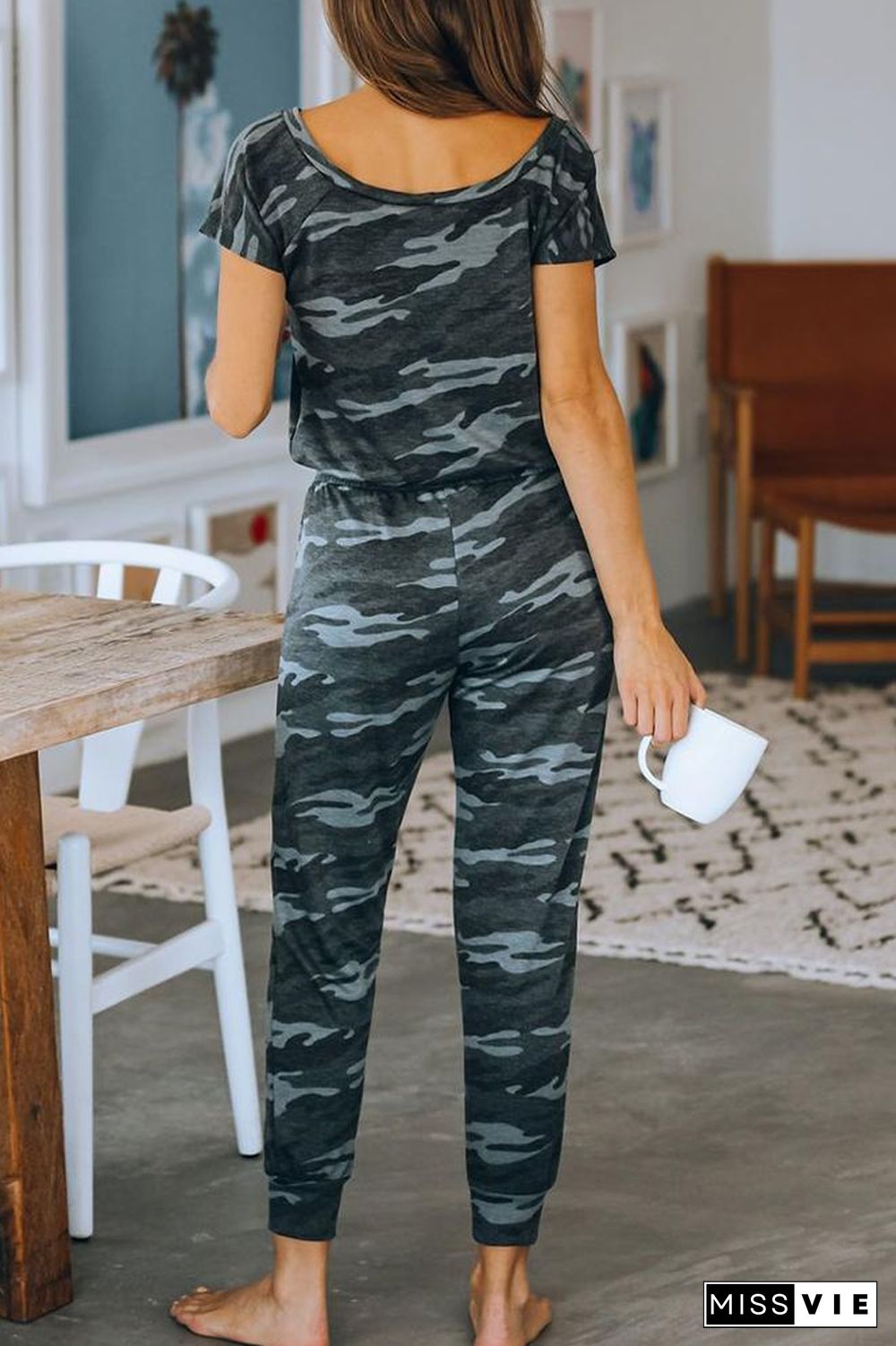 Camouflage Drawstring Off The Shoulder Jumpsuit