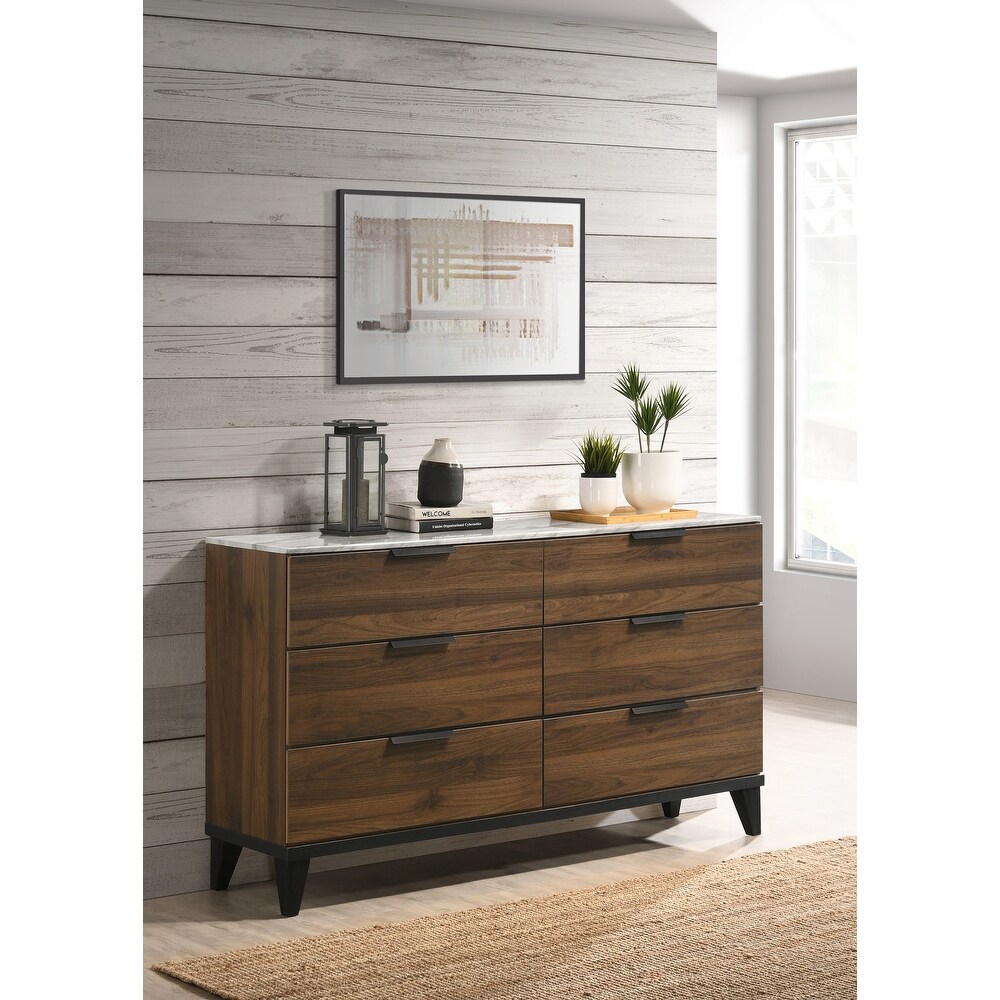 Christo Walnut Brown 6 drawer Faux Marble Top Dresser