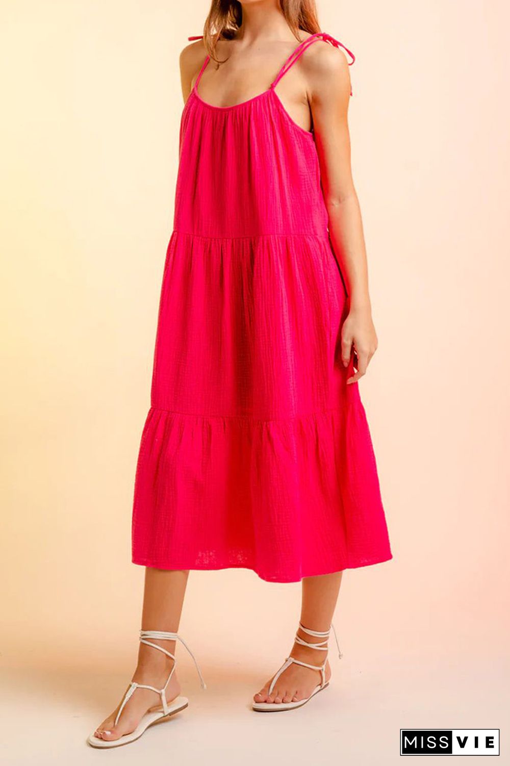 Plain Tie Cami Strap Tiered Midi Dress