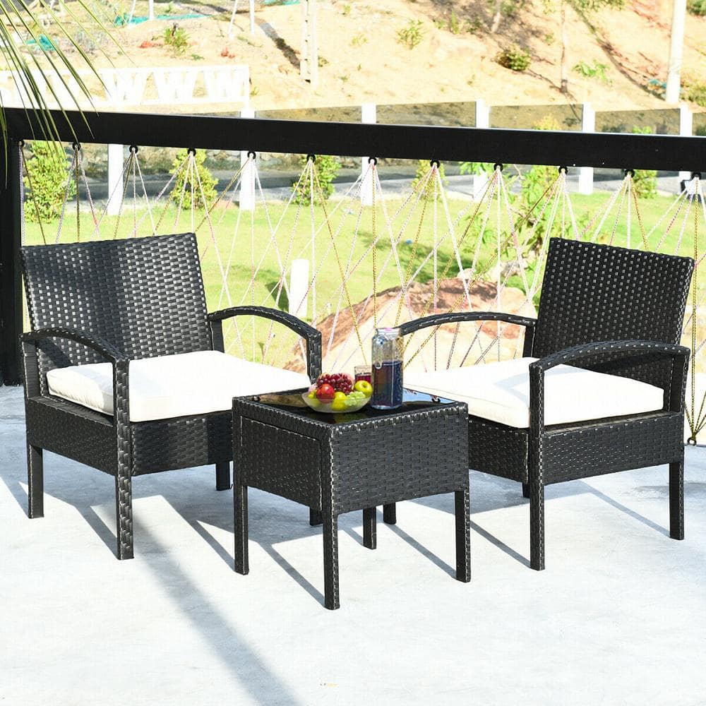 Gymax 3-Pieces Patio Rattan Furniture Set Conversation Sofa with White Cushion Coffee Table Garden GYM04554