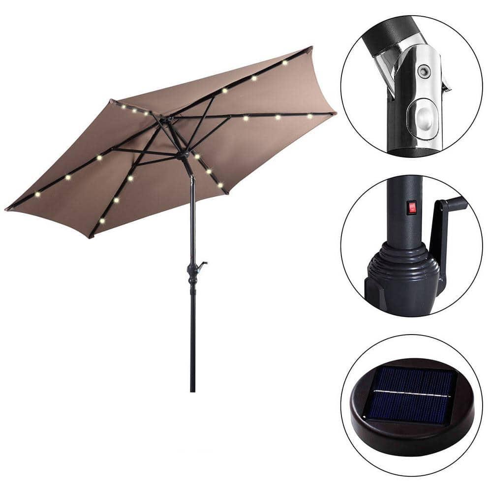 WELLFOR 9 ft Steel Market Solar Tilt Patio Umbrella with Crank and LED Lights in Tan