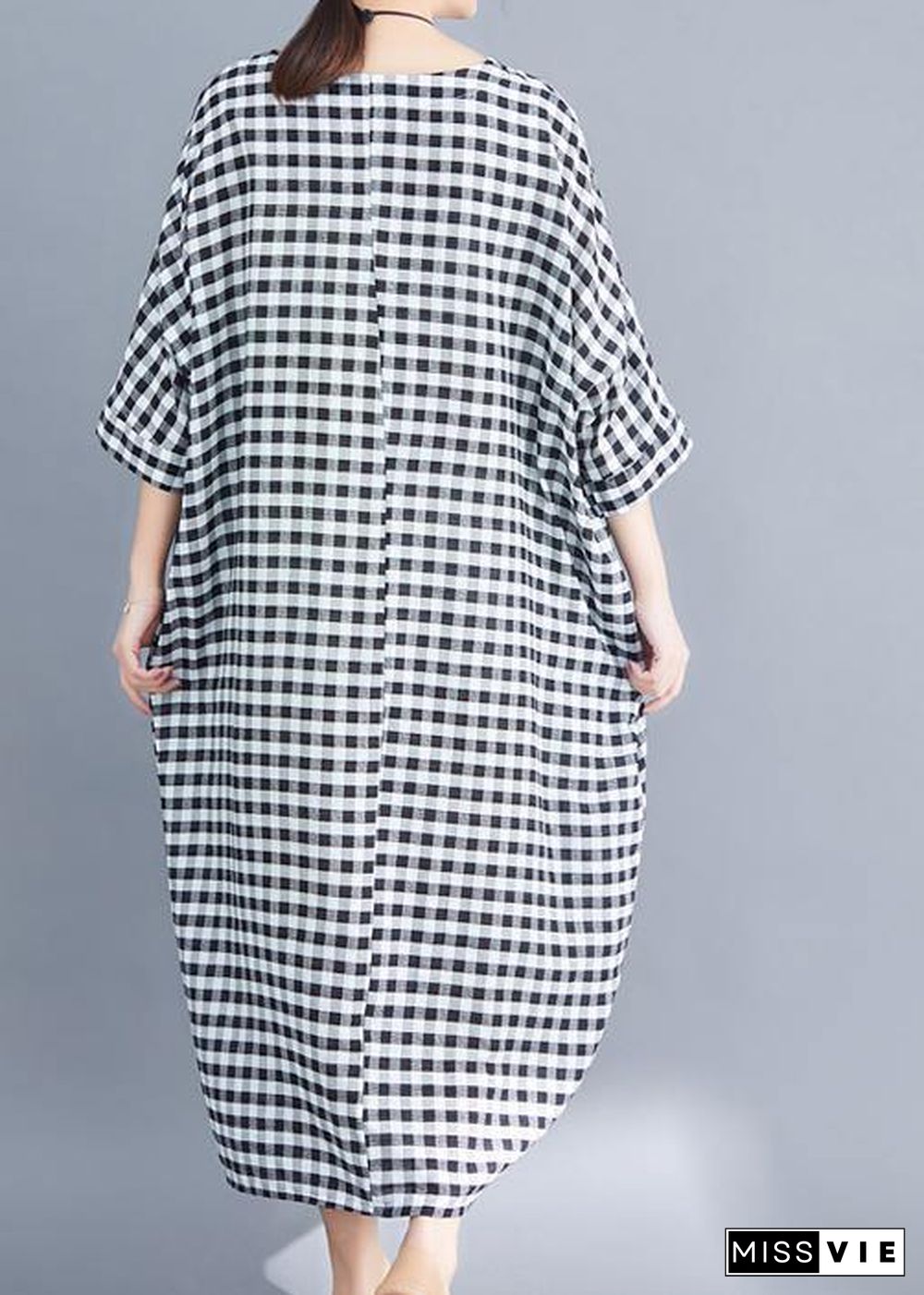 Women o neck linen cotton Robes Shirts gray white plaid Plus Size Clothing Dresses summer