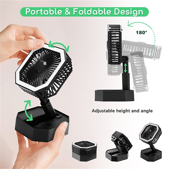 Portable Fan Rechargeable Adjustable Height Angle With LED Light USB Foldable Mini Fan Personal Fan for Travel Office Home